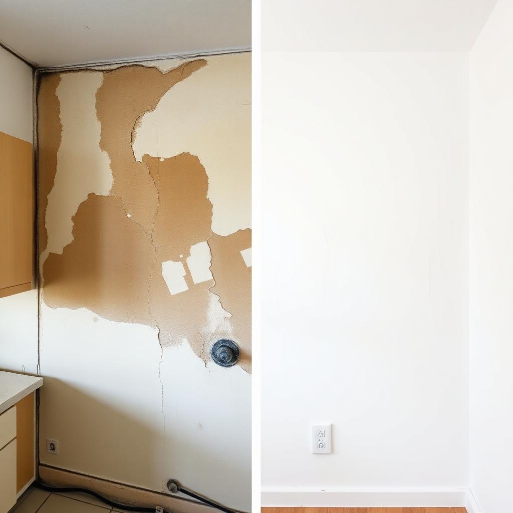 Before and after: water-damaged kitchen drywall repaired and repainted