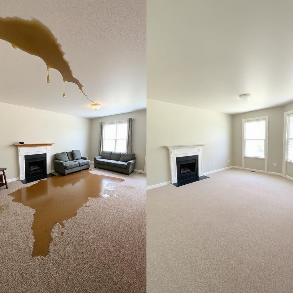 Before and after: burst-pipe living room fully dried and restored
