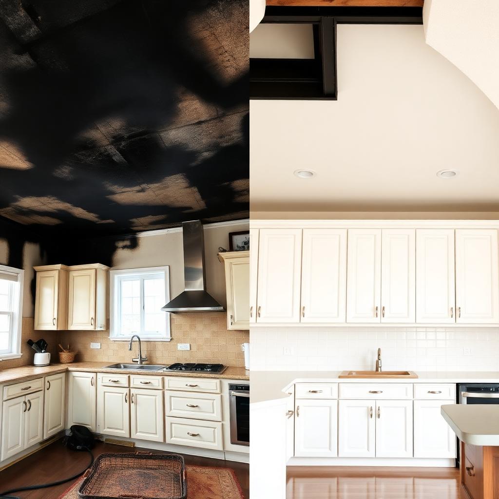 Before and after: fire-damaged kitchen fully cleaned and rebuilt