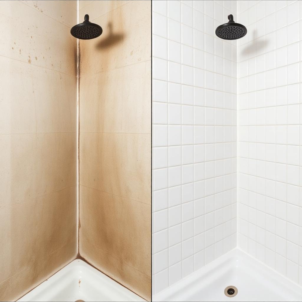 Before and after: mold-covered shower wall safely remediated and restored