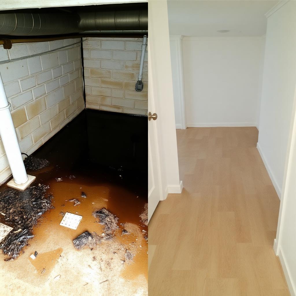 Before and after: sewage-flooded basement extracted, sanitized, and restored