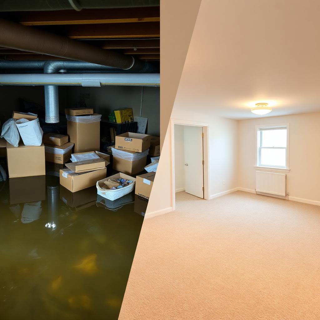 Before and after: flooded basement pumped out, dried, and fully restored