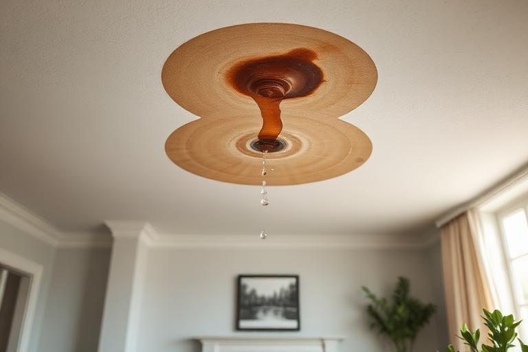 Water-stained sagging ceiling from a roof leak
