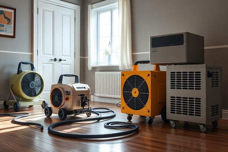 Air movers and dehumidifier drying a residential room