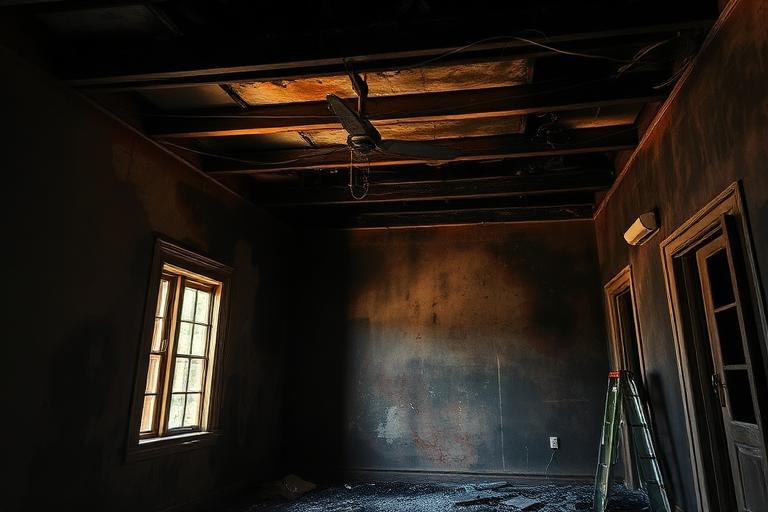 Fire-damaged residential room interior