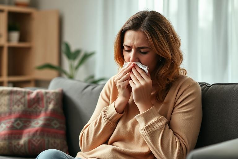 Person sneezing indoors from allergy symptoms