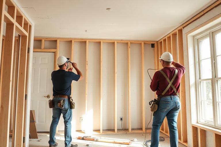 Carpenters installing new drywall during a rebuild