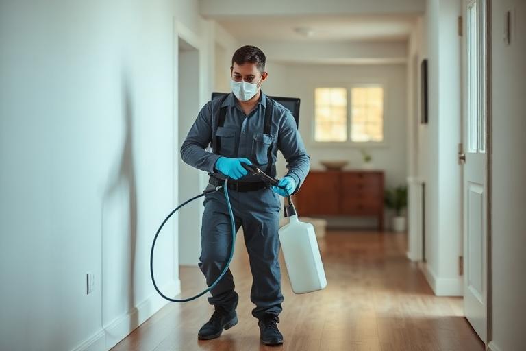 Technician spraying antimicrobial disinfectant in a home