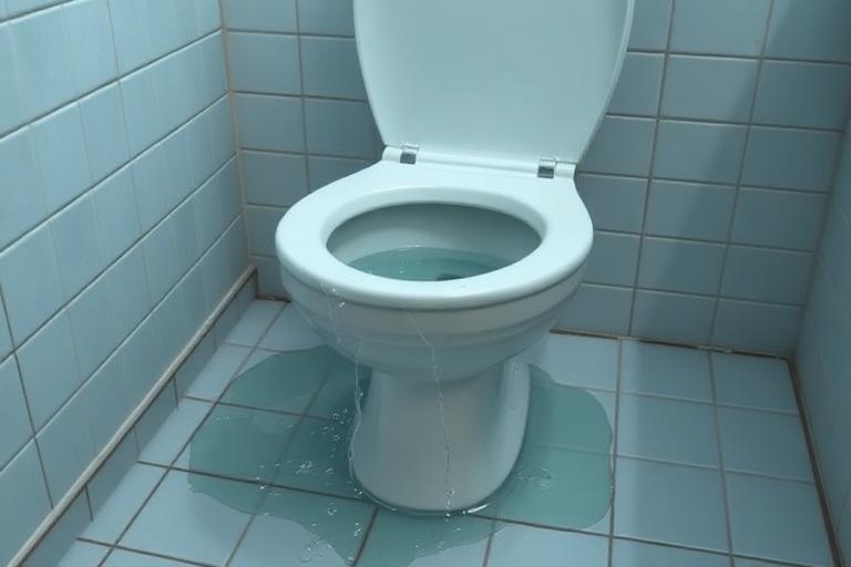Overflowing toilet spilling water onto bathroom tile